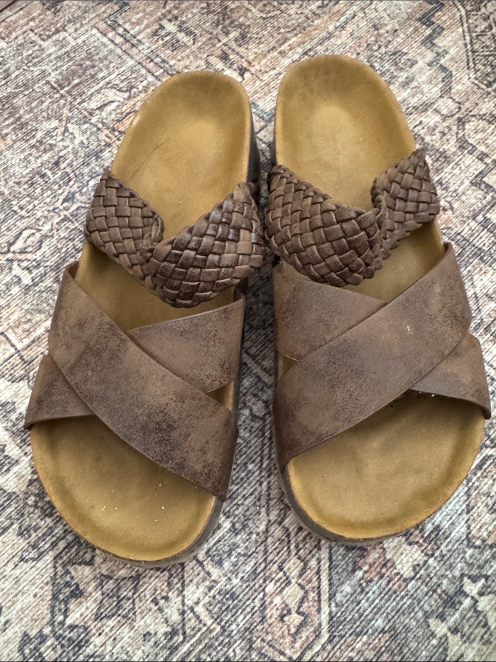 Braided Strap Brown Leather Slide Sandals